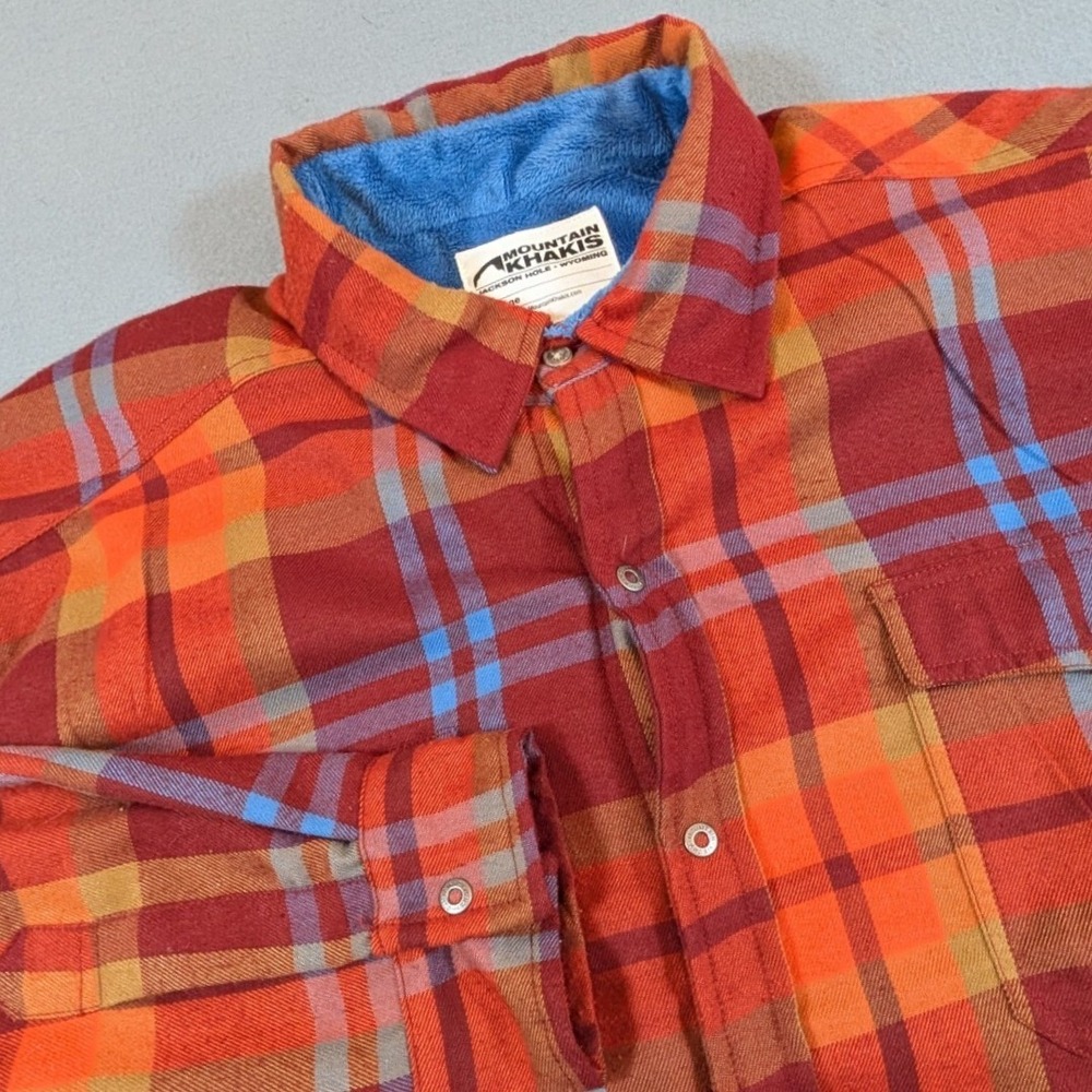 Mountain Khakis Fleece Lined‎ Flannel Shirt Mens XL Red Orange Plaid Heavyweight